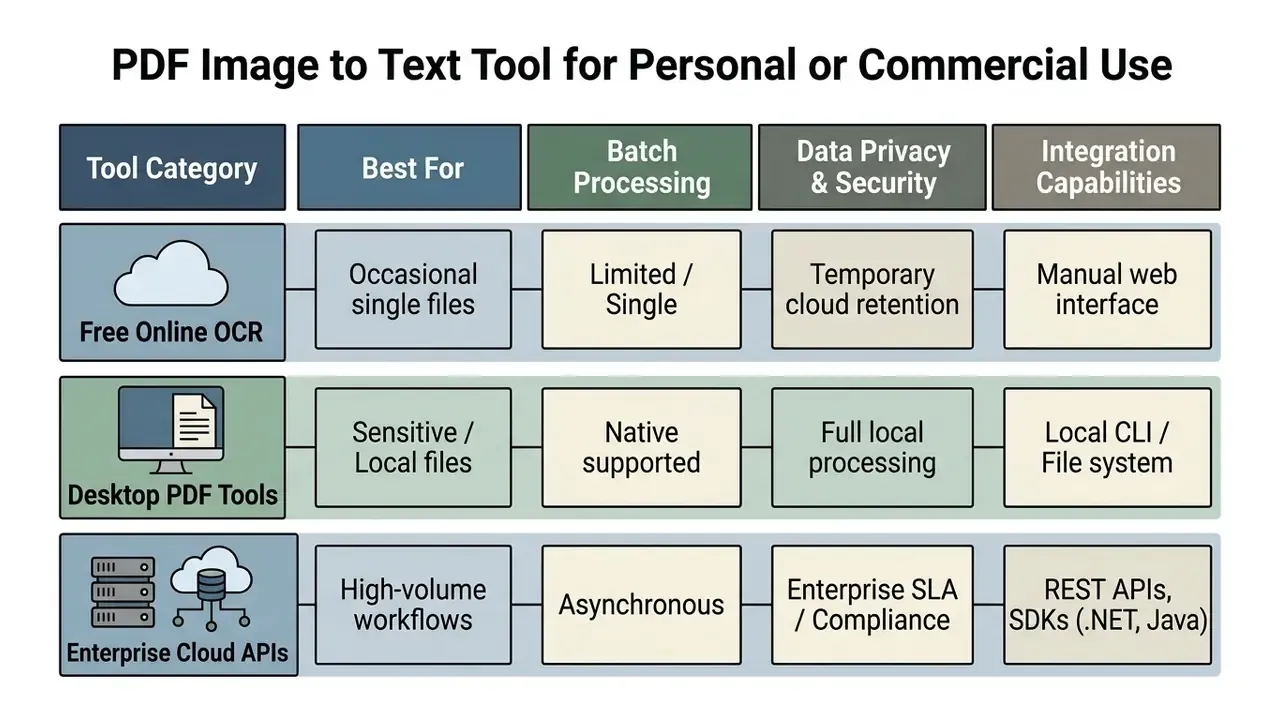 Comparison table detailing features of free online OCR, desktop software, and enterprise cloud APIs