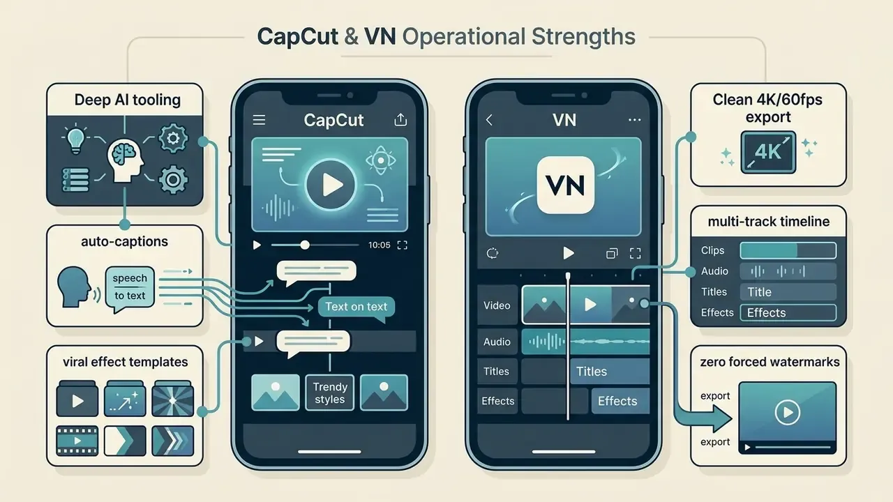 Comparison of CapCut and VN mobile interfaces showing specific editing features and workflow strengths