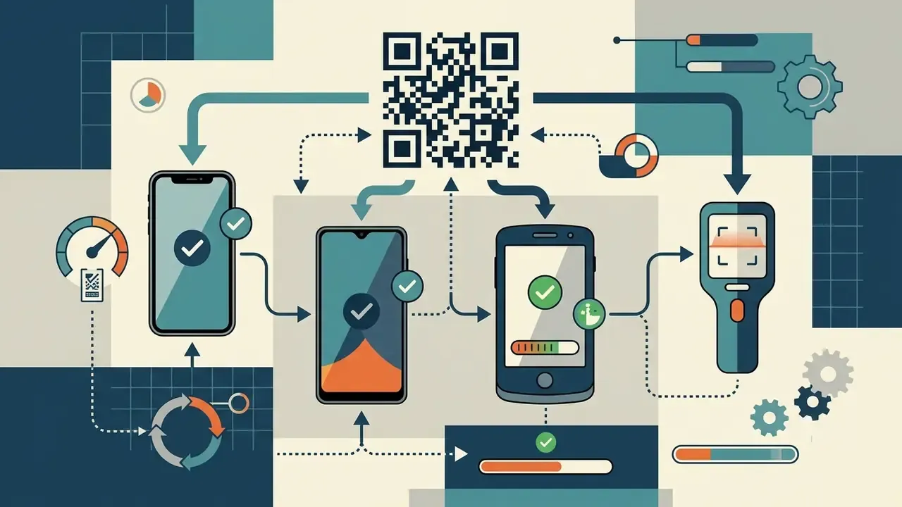 QR code connecting to multiple mobile devices and a handheld scanner with status indicators and data flows