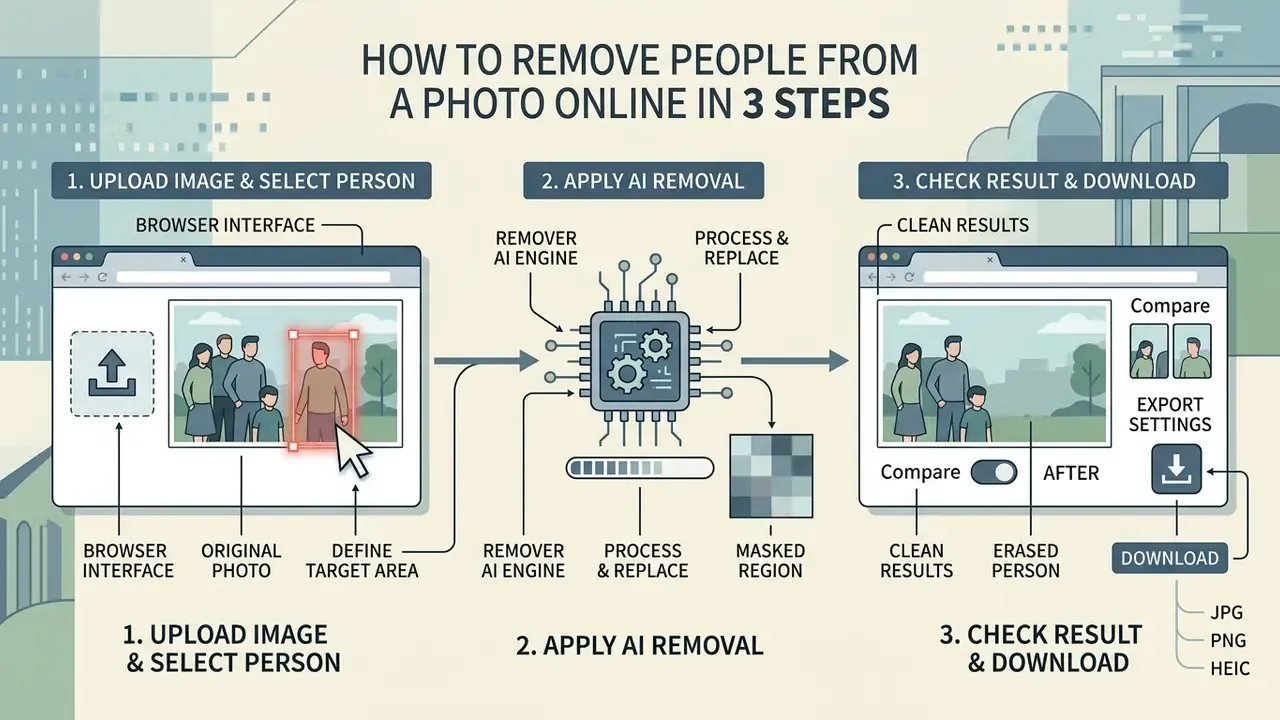 Infographic showing three steps to remove a person from a photo using an AI engine in a browser interface