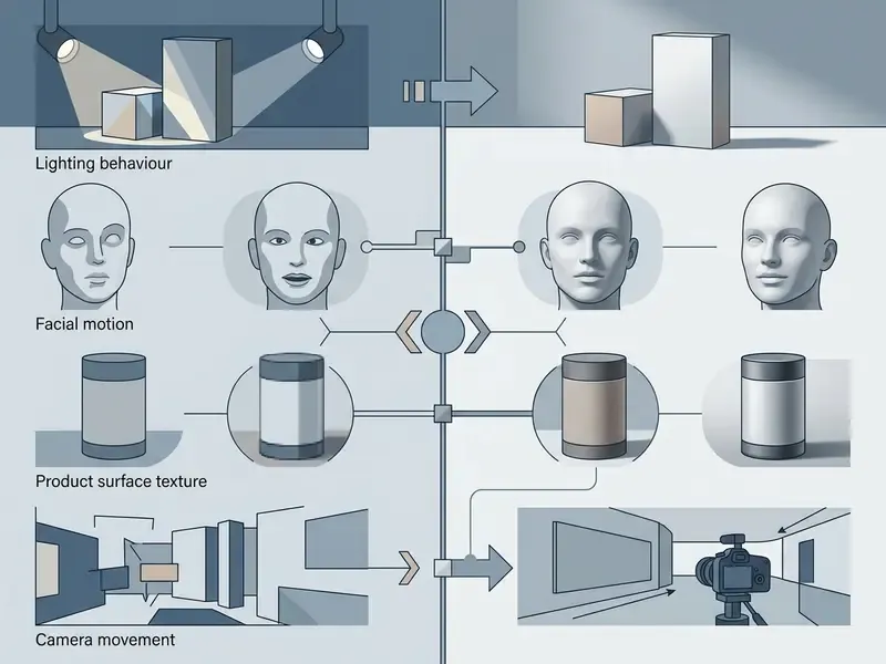 Comparison slider showing realistic ai video frames against physical camera captures across four categories