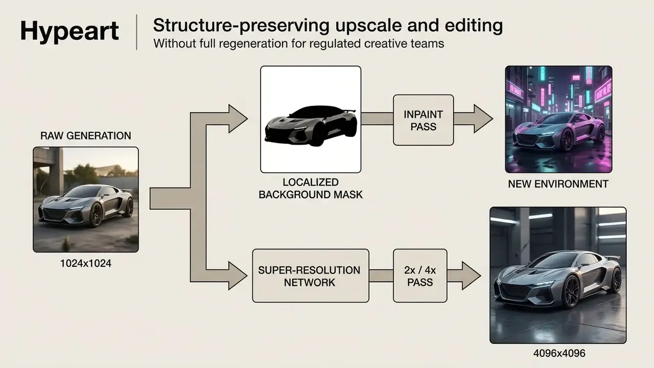 Process flow showing a car image splitting into background masking and super-resolution upscaling paths