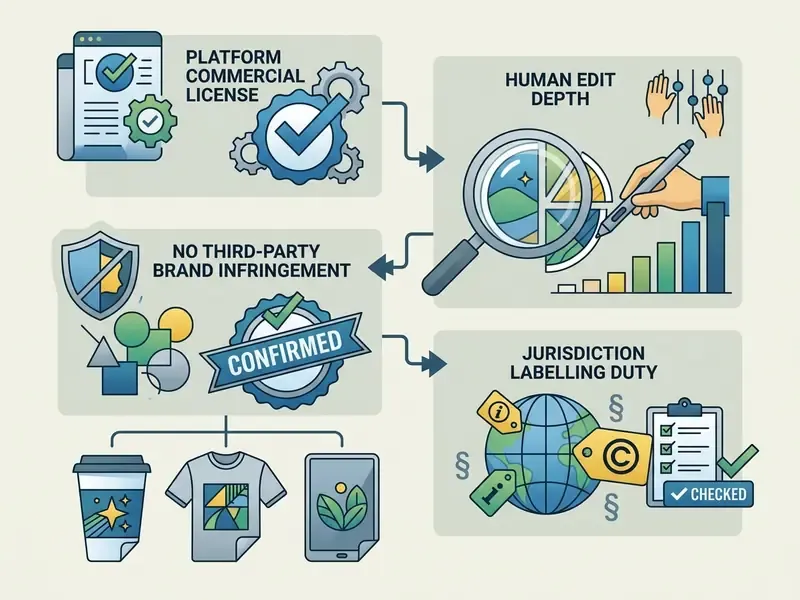 Infographic showing commercial viability steps including license checks, human editing, and legal labeling