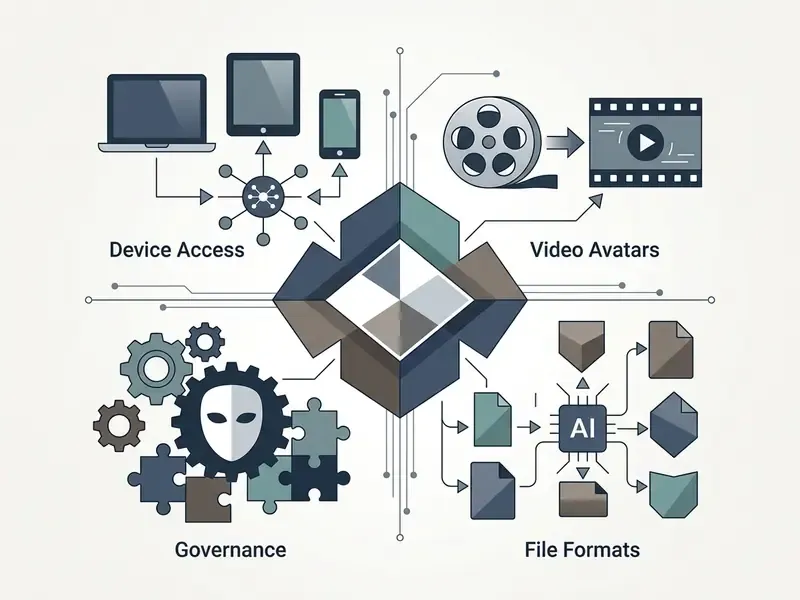 Central hub connecting device access, video avatars, governance gears, and AI file format processing