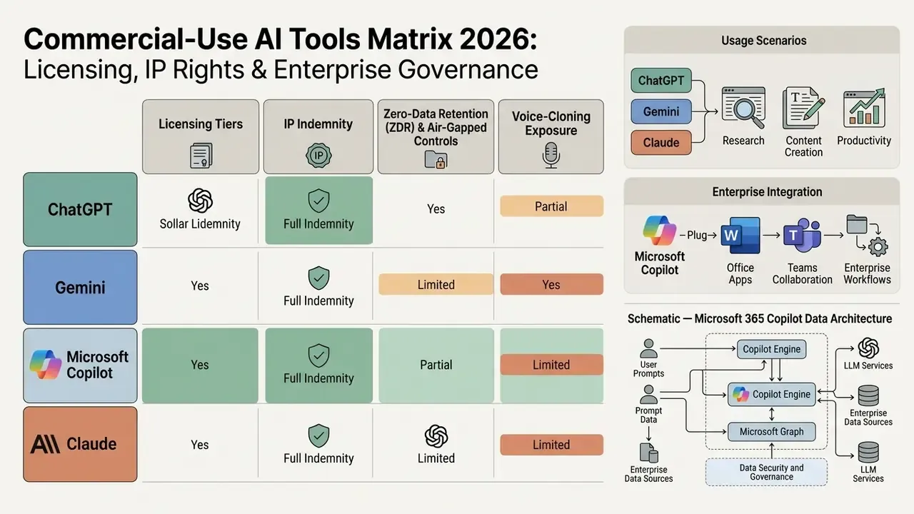 Comparison table of AI platform features alongside usage scenarios and a Microsoft 365 data architecture map