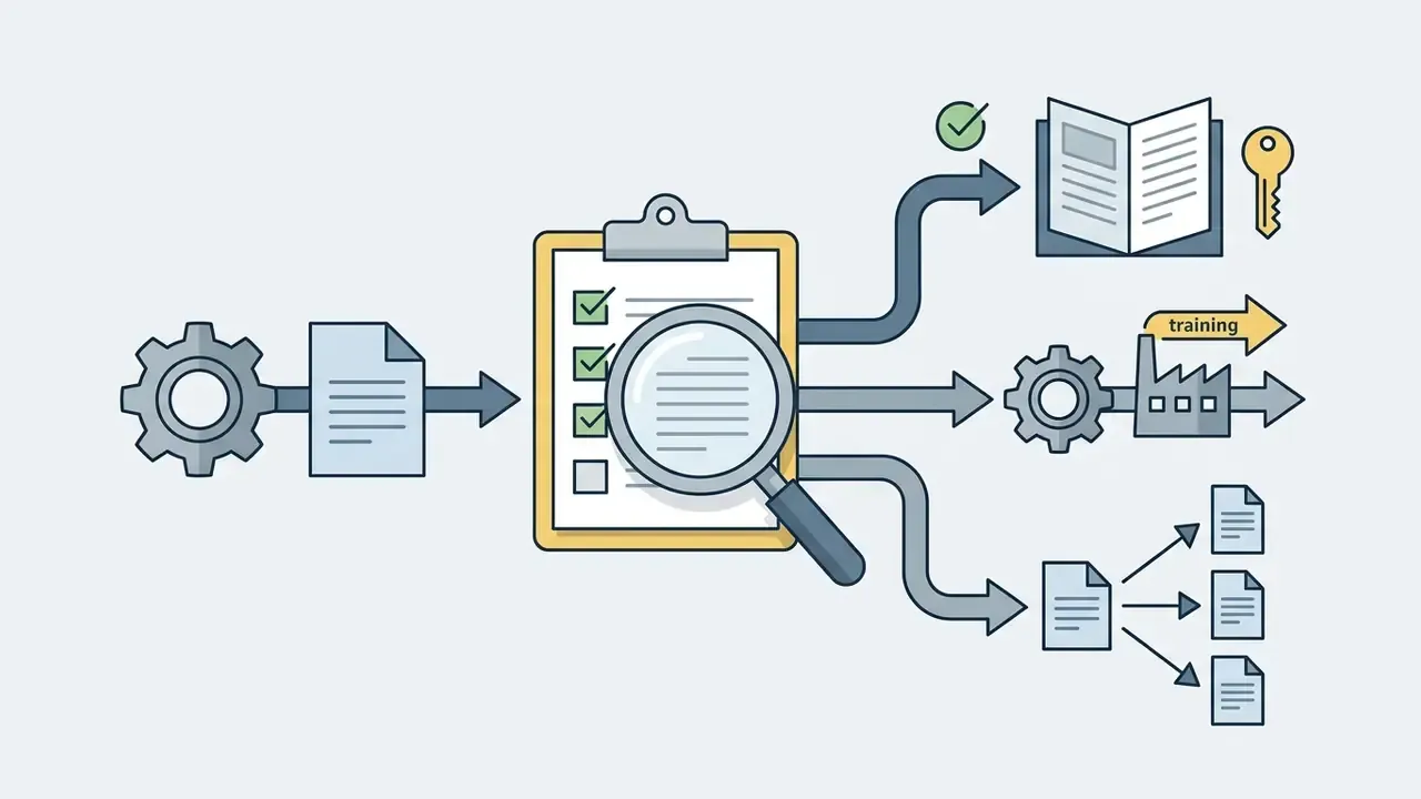 Magnifying glass examining a checklist that branches into icons representing legal terms and data processing