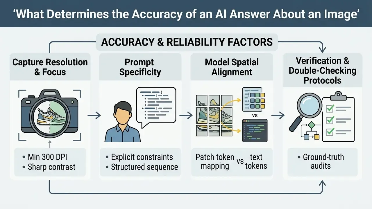 Four-stage process flow highlighting resolution, prompt clarity, spatial alignment, and audit protocols