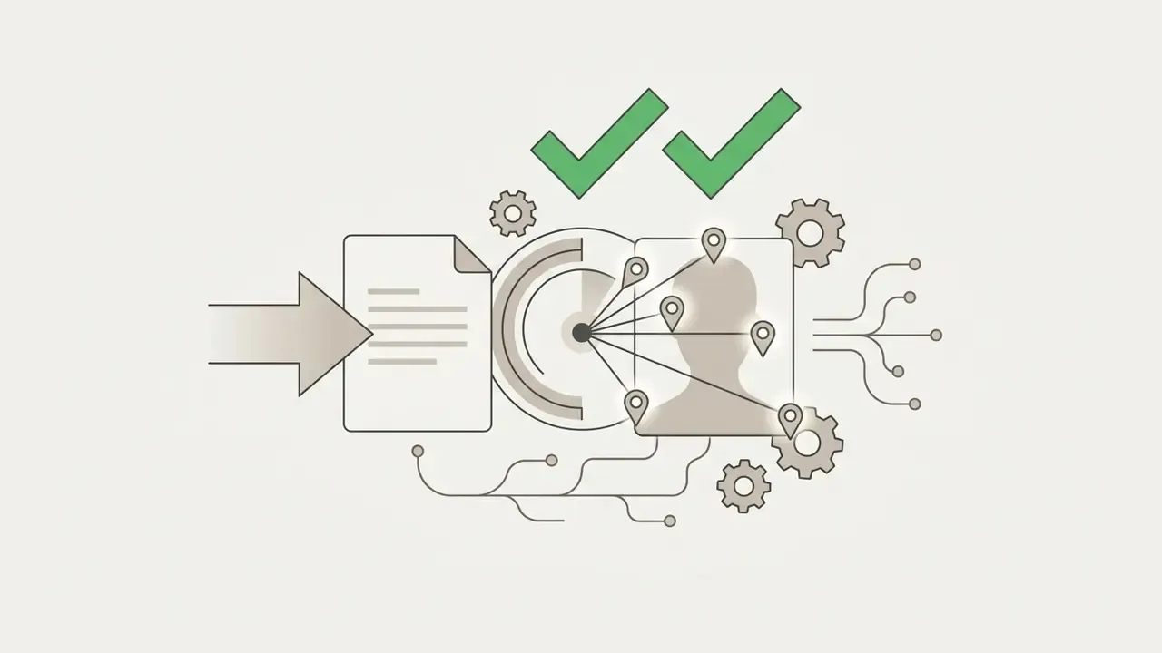 Document moving through a gear mechanism to align facial landmarks on a silhouette with checkmarks above