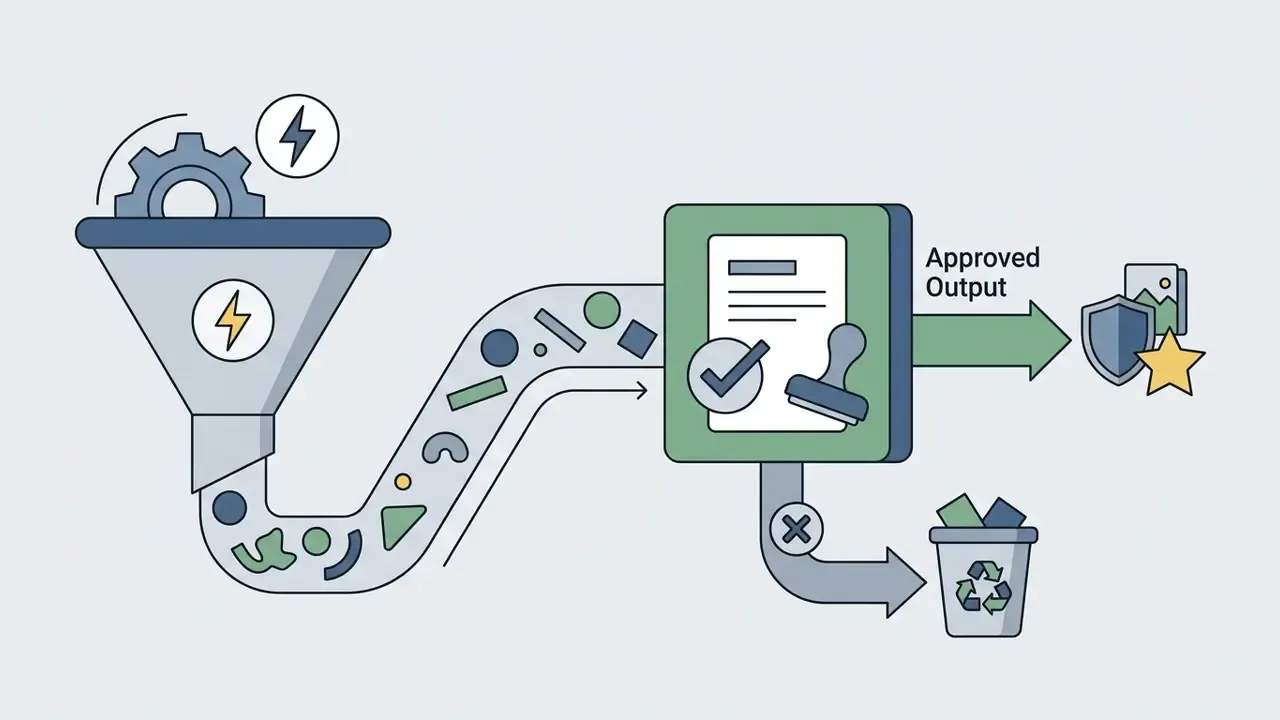 Funnel with gears and lightning icons sorting raw data into approved documents or a recycling bin