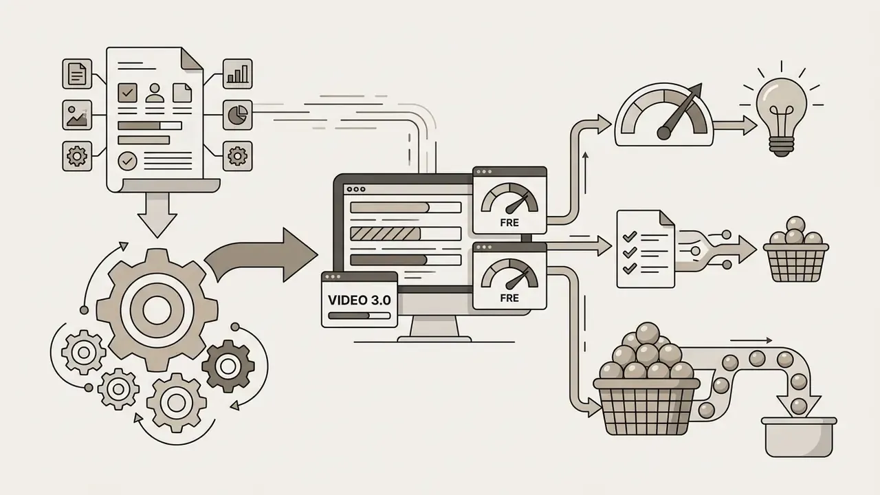 System of document icons and gears processing data into a computer monitor to calculate credit usage