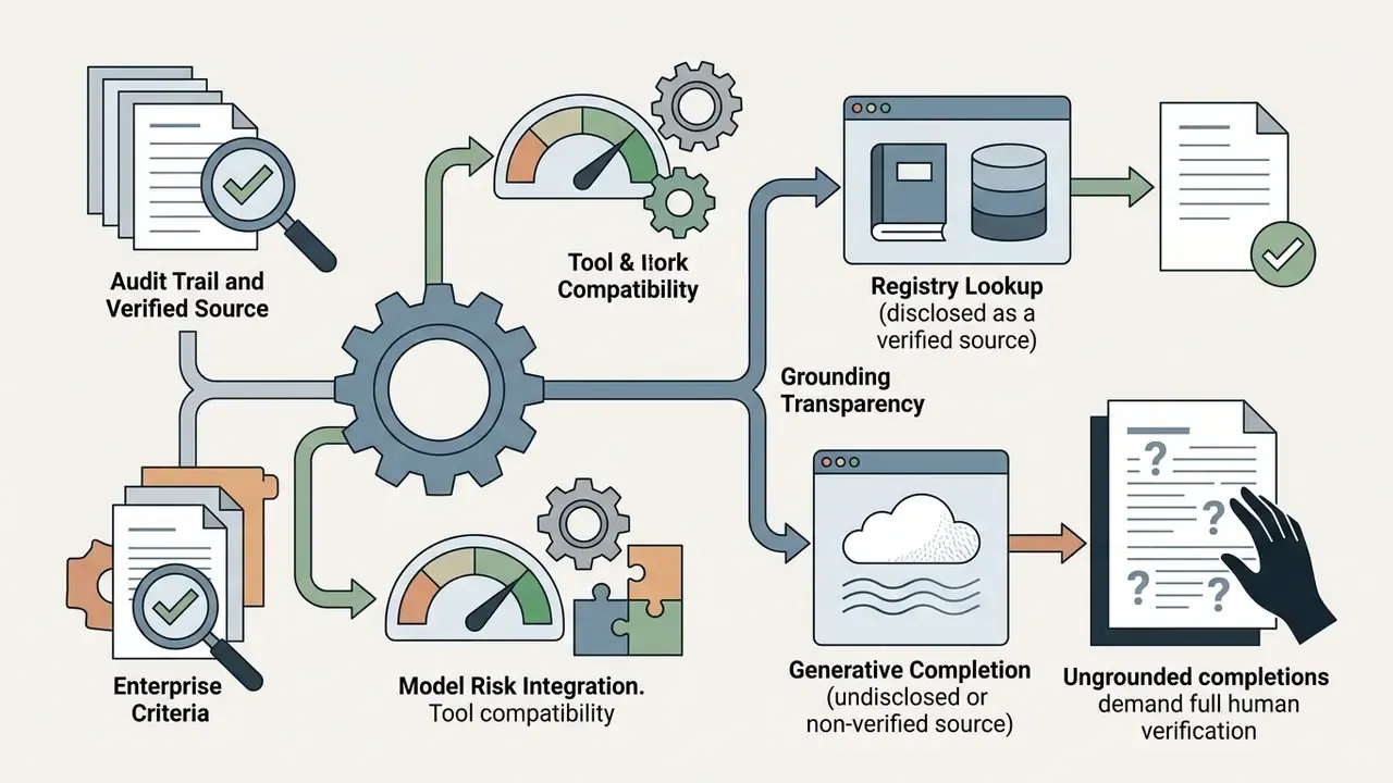 Central gear connecting audit and risk criteria to registry lookup or generative completion workflows