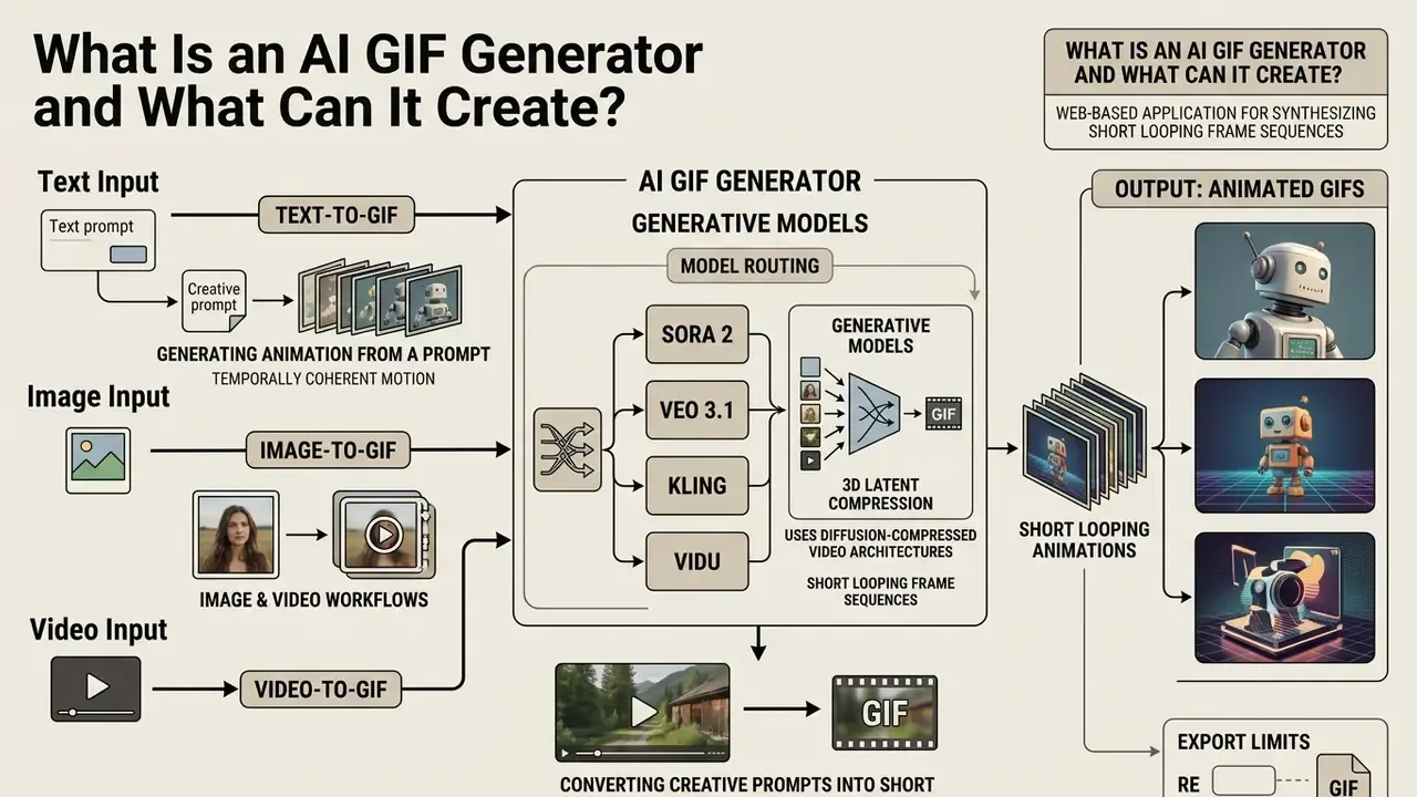 Diagram showing how text, image, and video inputs are processed by generative models into animated GIFs