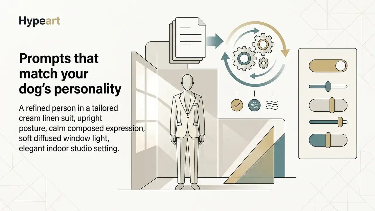 Person in a suit beside a gear icon and control sliders representing customization settings