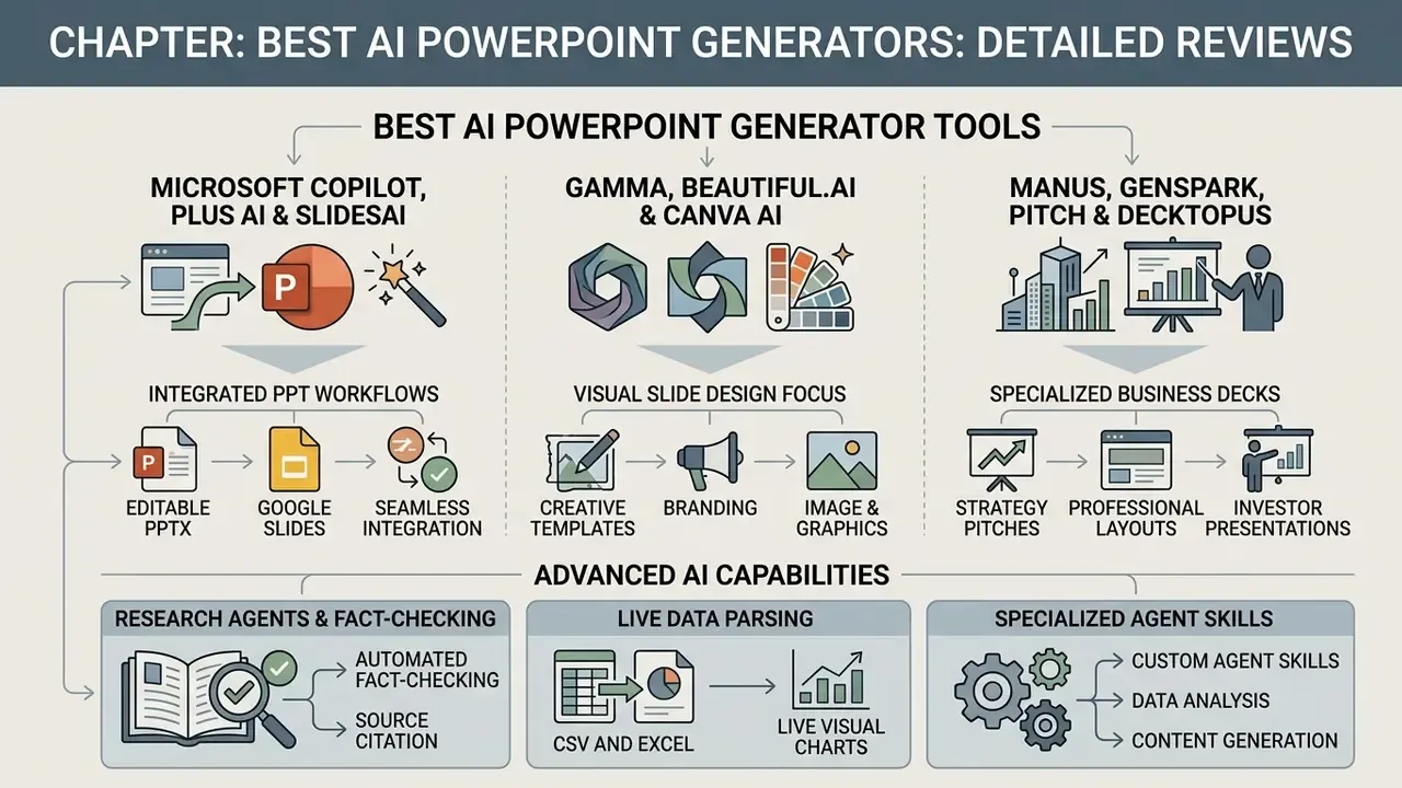 Categorization of best AI PowerPoint generator tools by workflow, design focus, and advanced capabilities