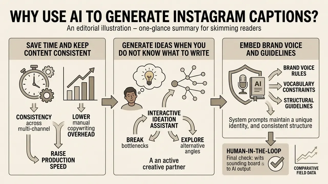 Infographic detailing how an AI Instagram caption generator saves time, sparks ideas, and maintains brand voice