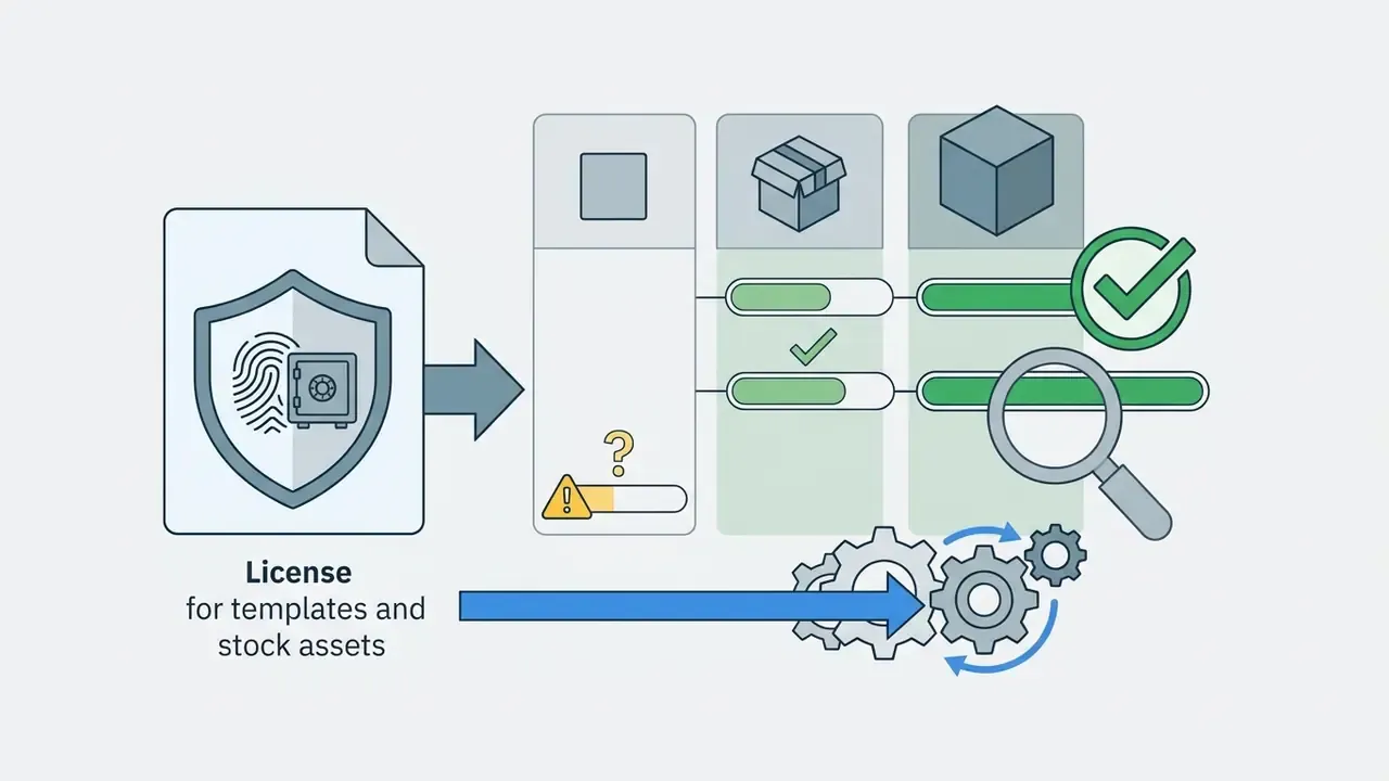 License document with shield and safe icon feeding into a gear system for asset verification