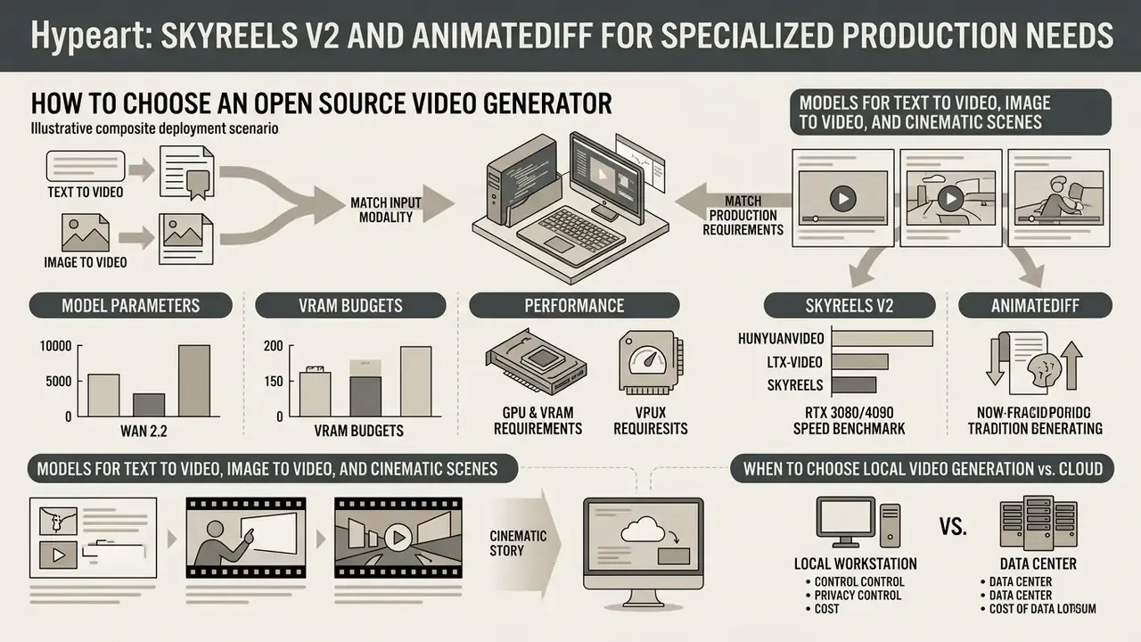 Decision diagram mapping input modalities and production requirements to open source AI video generators