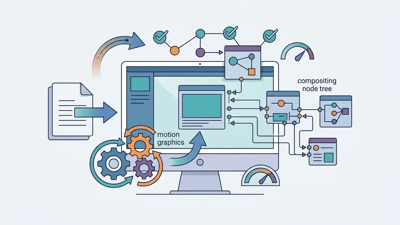 Desktop monitor displaying motion graphics and a complex compositing node tree with gears and data flow