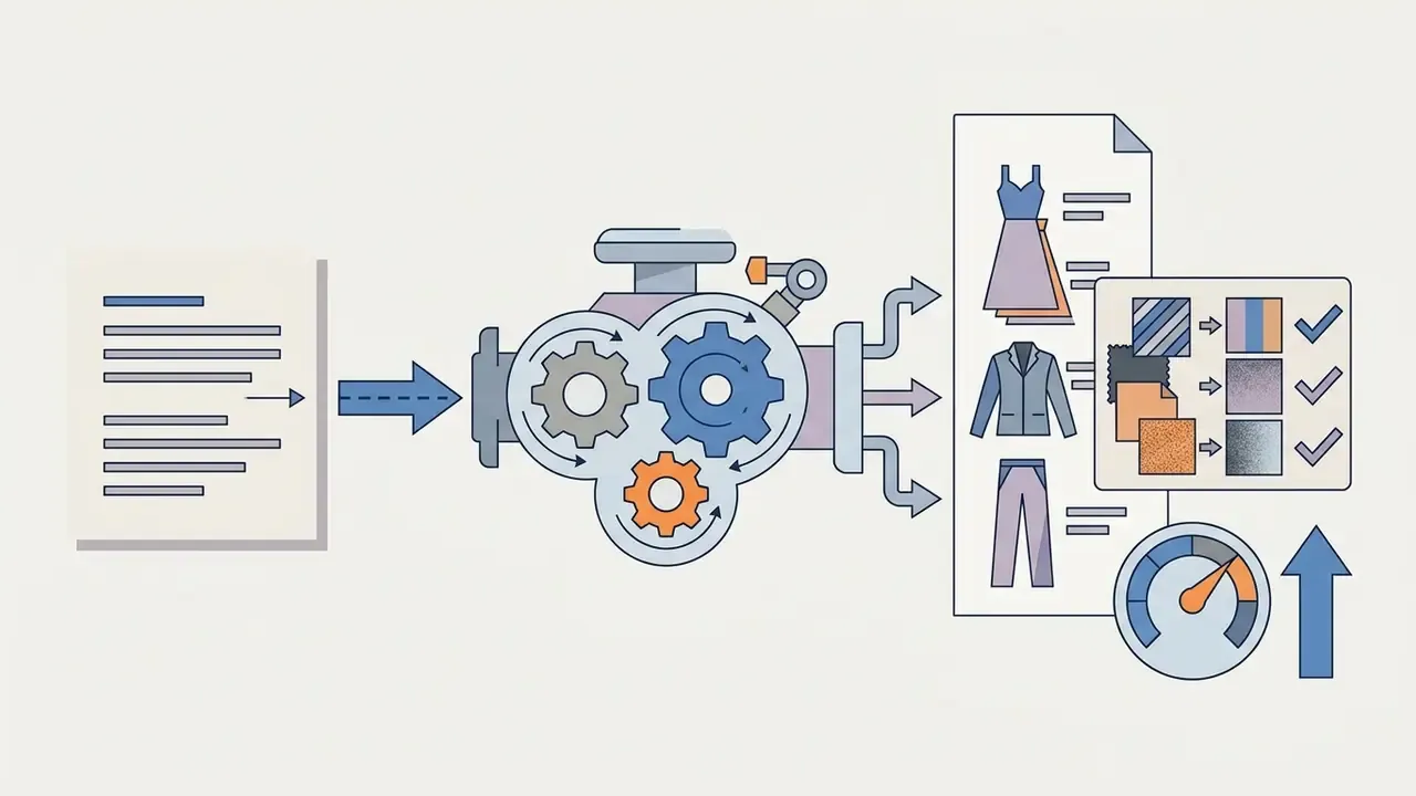 Document text feeding into a mechanical gear system that outputs garment designs and fabric swatches