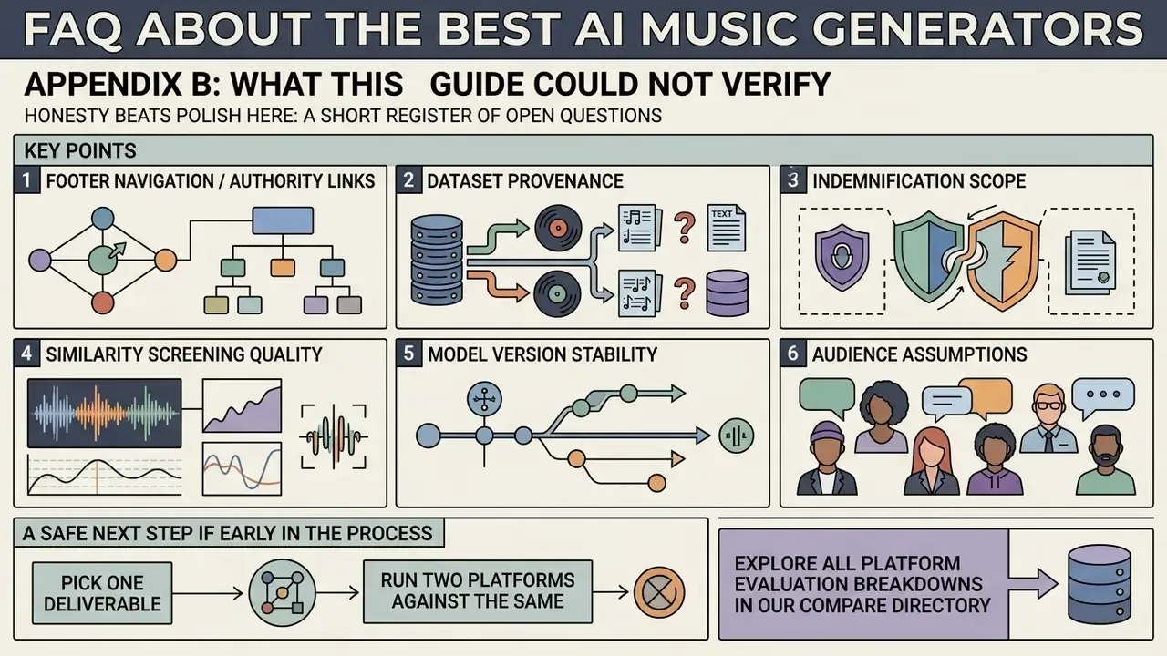 List of six open questions regarding technical and legal considerations for audio generation platforms