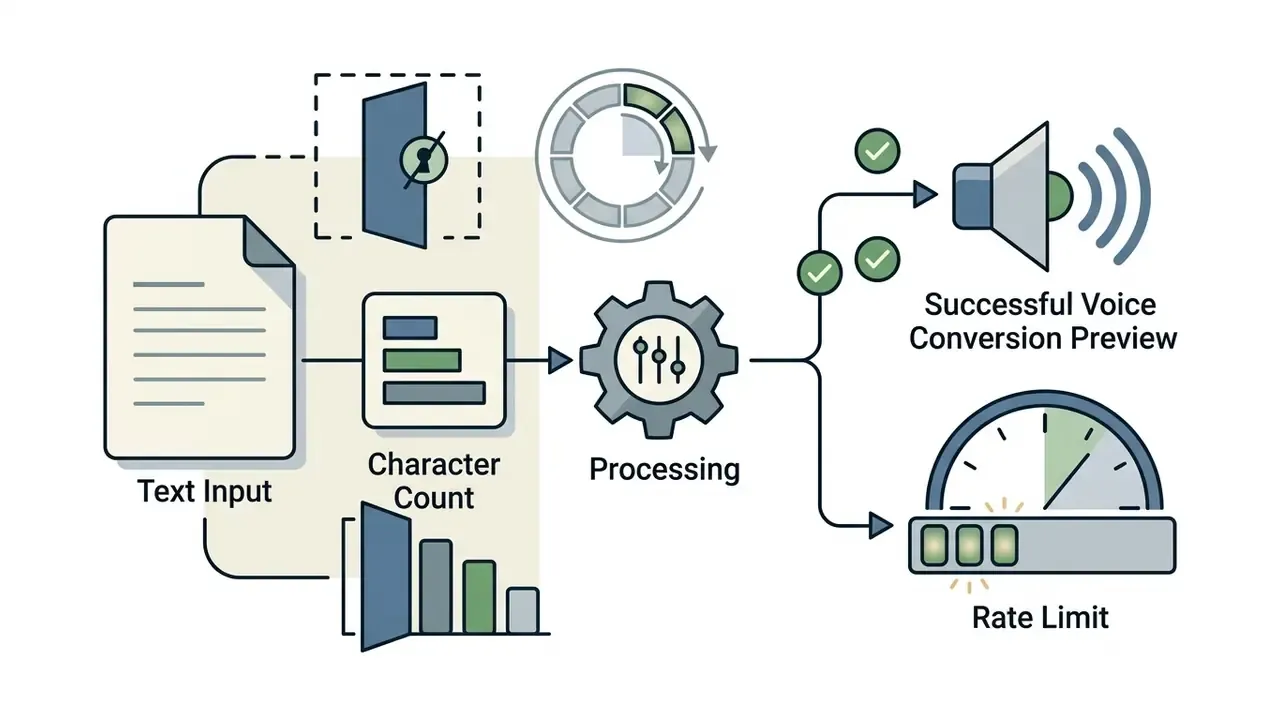 Process flow showing text input character counting leading to voice conversion or rate limiting