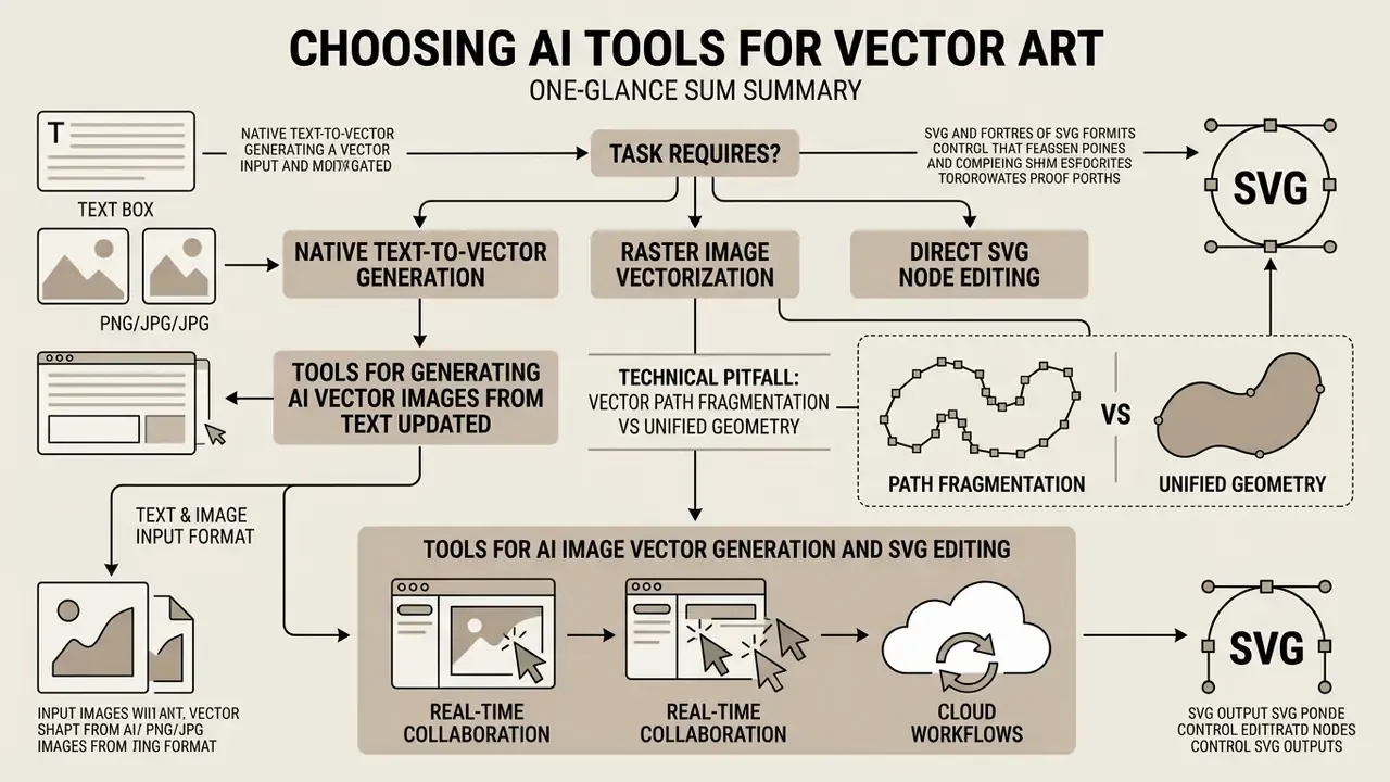 Decision flowchart mapping text and image inputs to vector generation, path editing, and cloud workflows