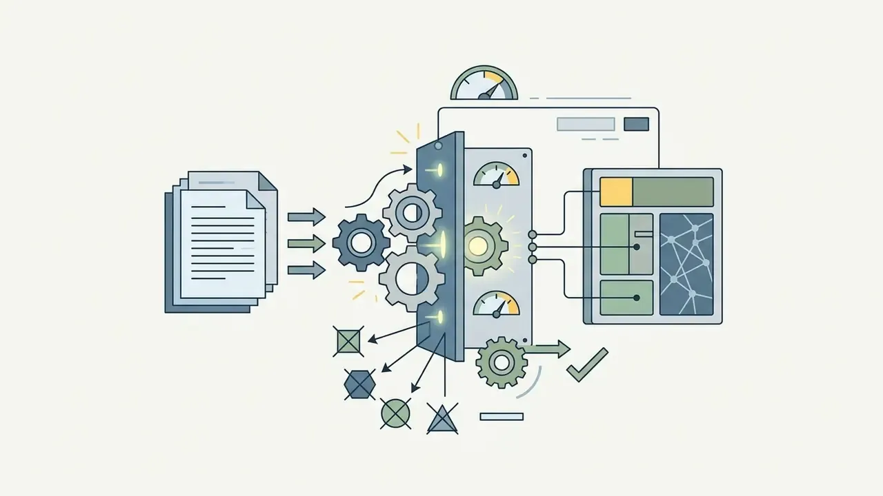 Text documents moving through a gear system that filters inputs before reaching an AI processing module