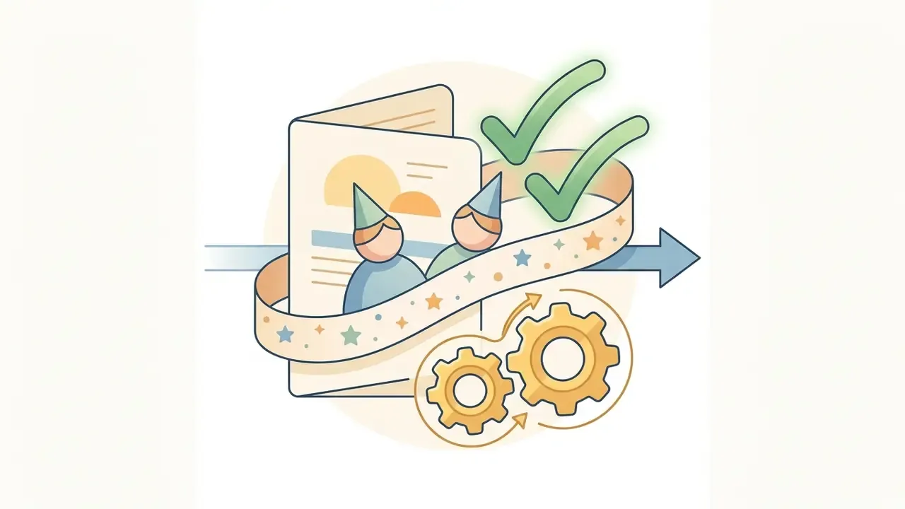 Party hat figures beside a document with checkmarks and gears on a ribbon with stars