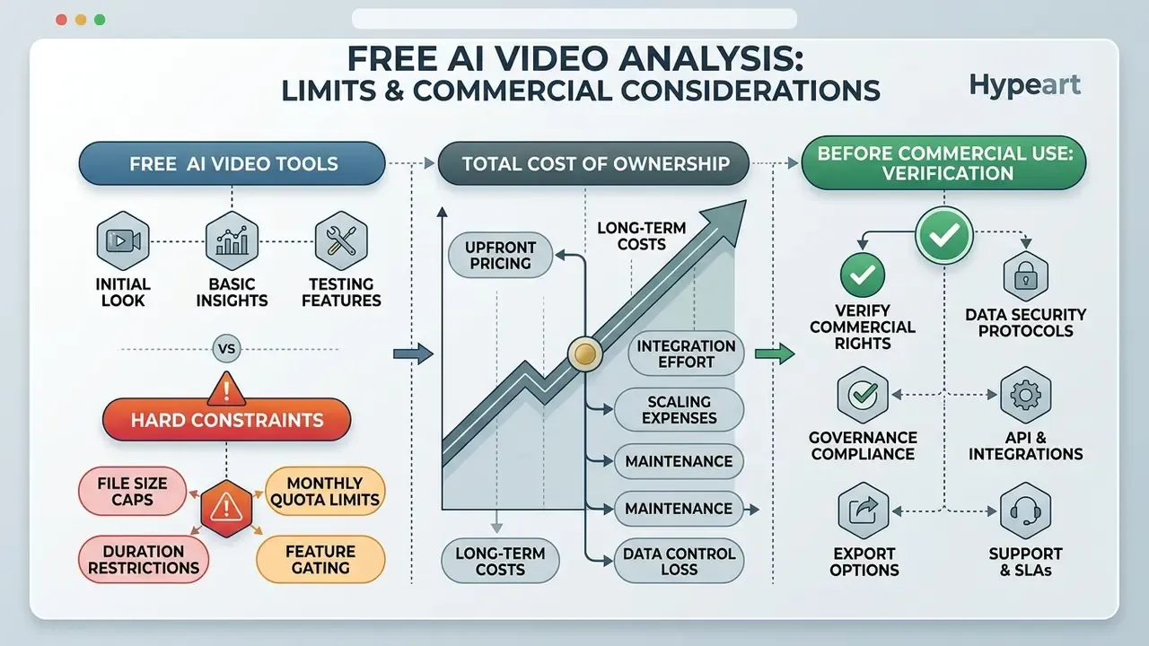 Infographic comparing free tool constraints, total cost of ownership factors, and commercial verification