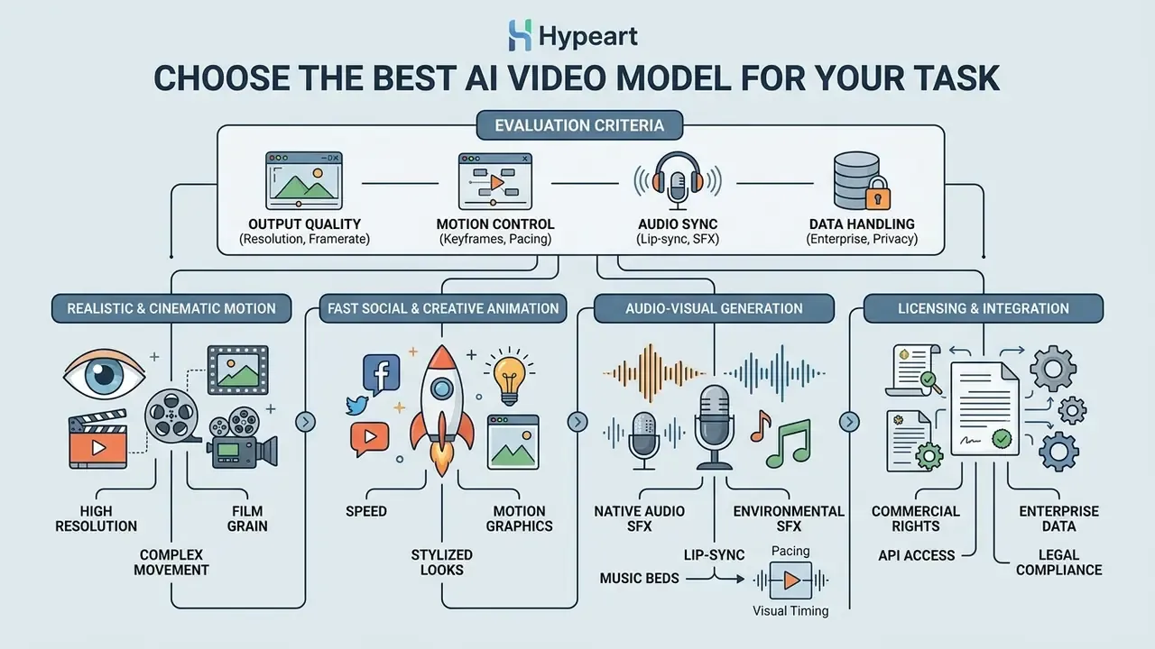 Flowchart detailing evaluation criteria for AI video models including motion, audio, and data integration