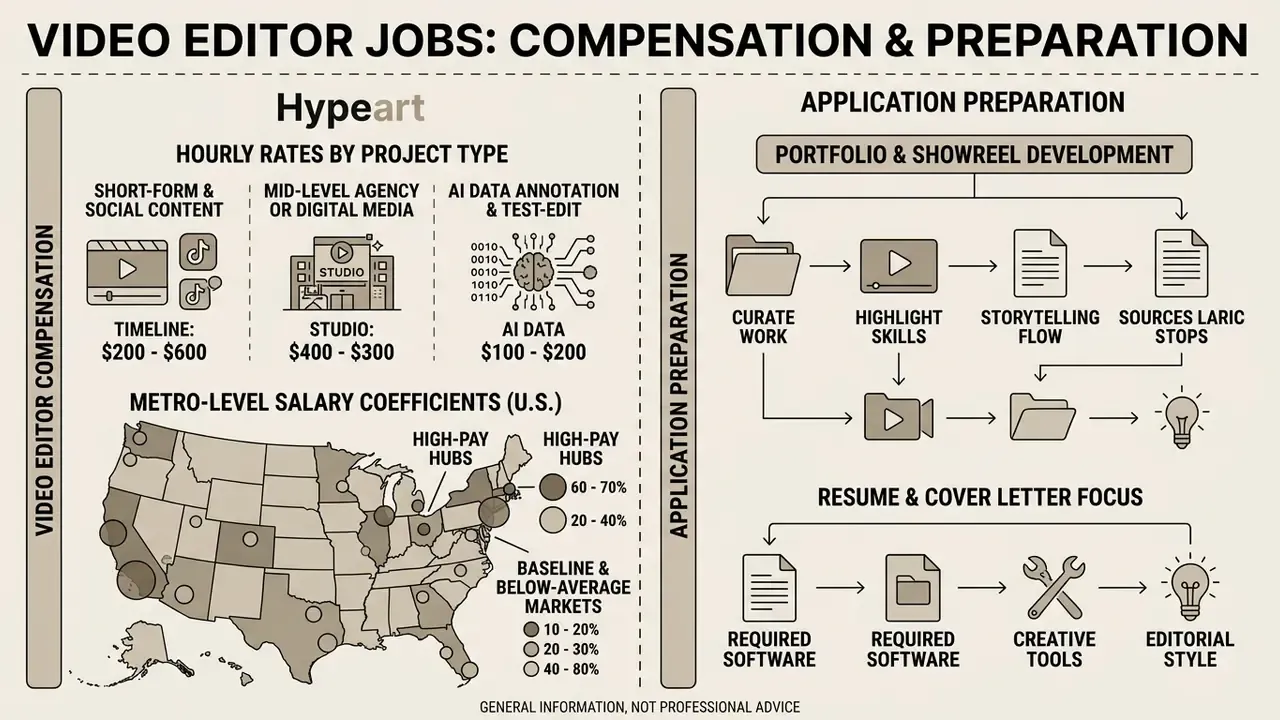 Infographic comparing hourly rates, metro salary coefficients, and application preparation steps