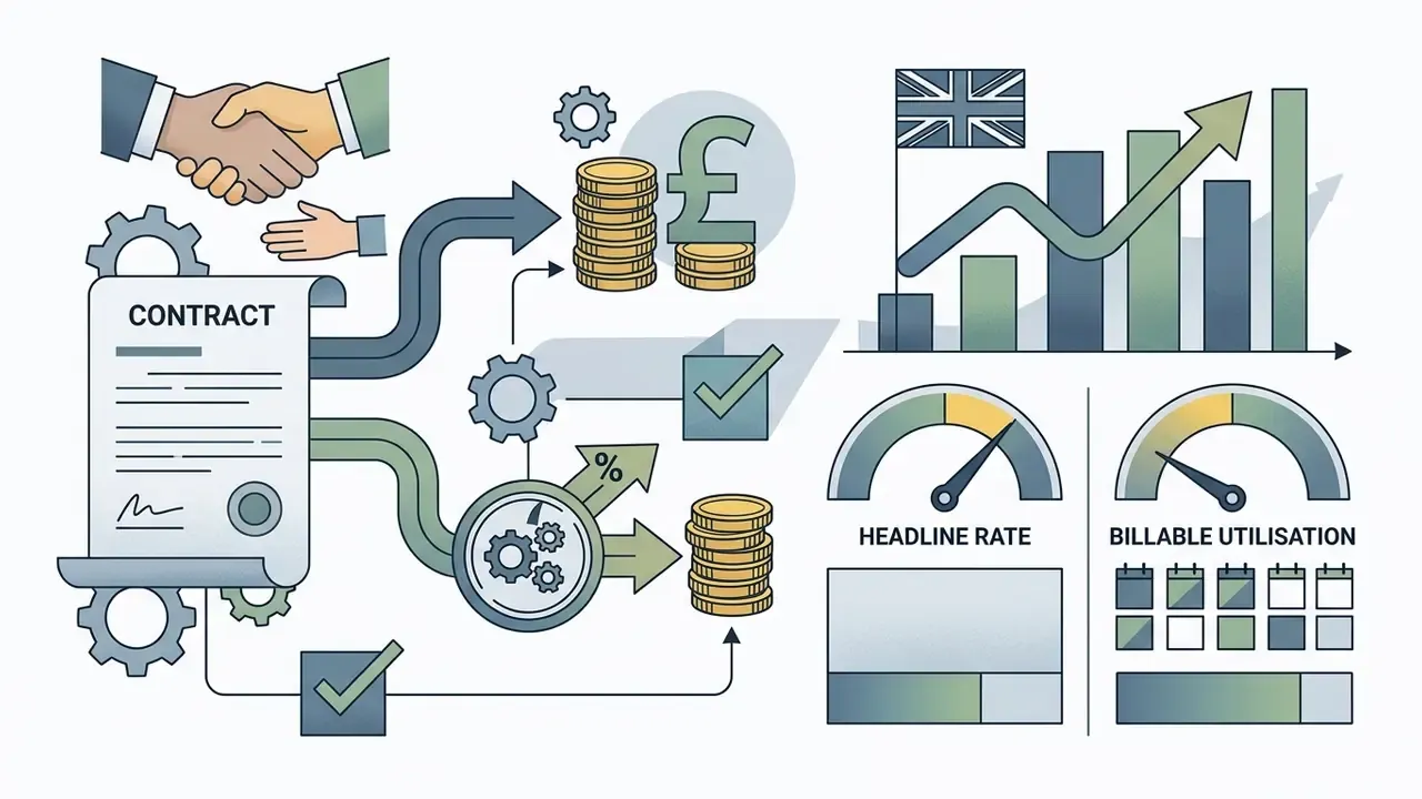 Handshake and contract icon connecting to currency stacks, growth charts, and billable utilisation gauges