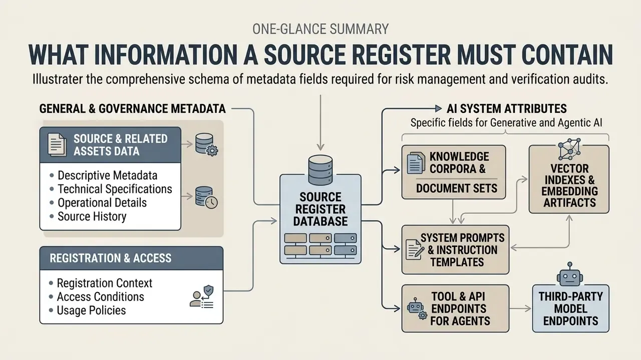 Schema diagram detailing metadata categories for AI systems and data asset management