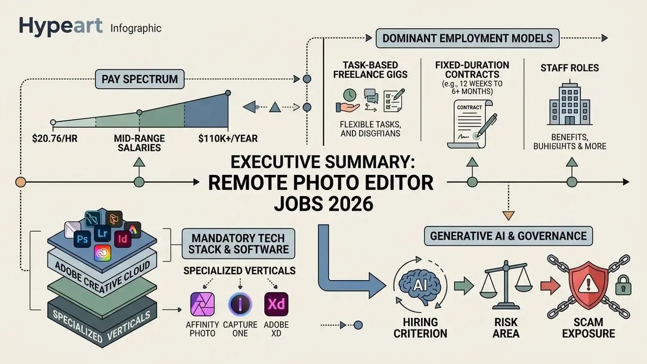 Infographic summarizing pay, employment models, software stacks, and risks for remote photo editor jobs