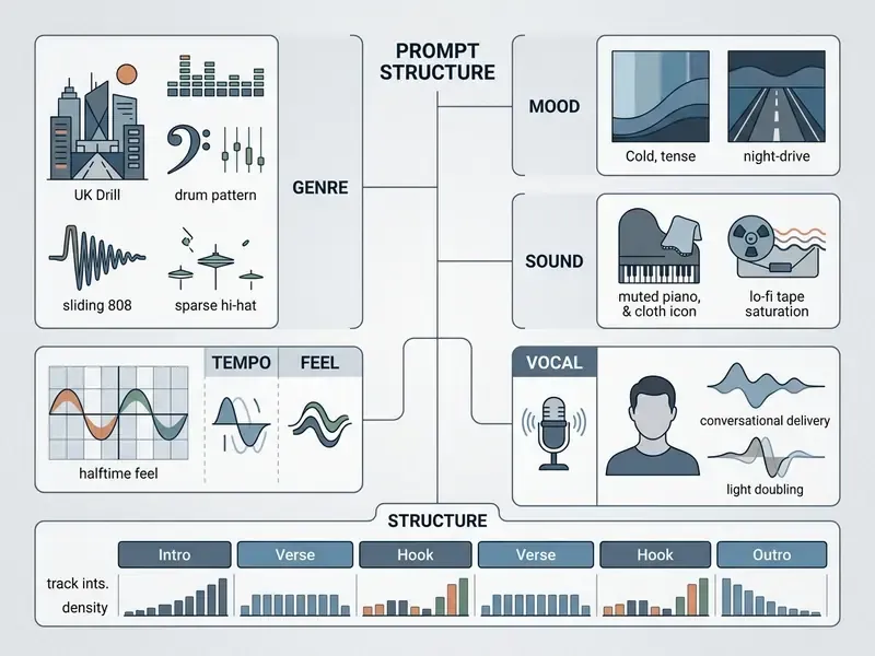 Detailed infographic breaking down musical prompt components like genre, mood, sound, and track structure