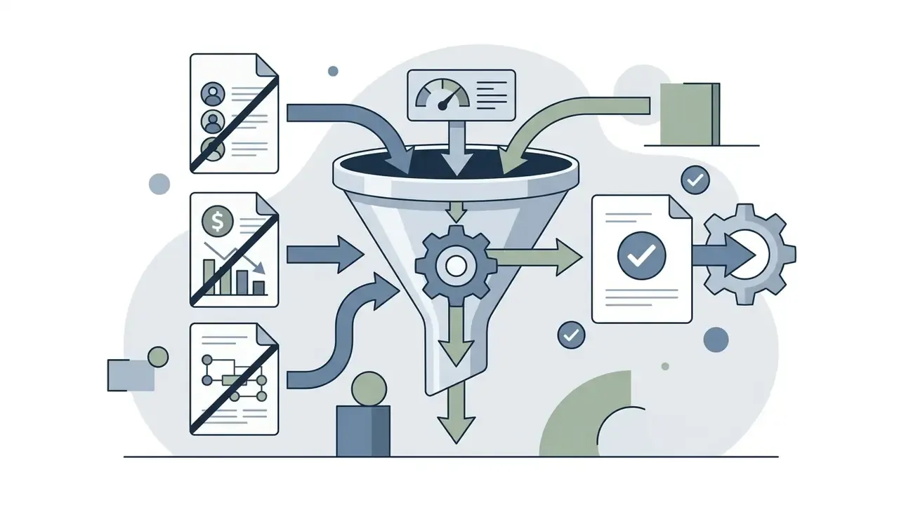 Data documents marked with prohibited symbols flowing into a central funnel and gear system for sanitization