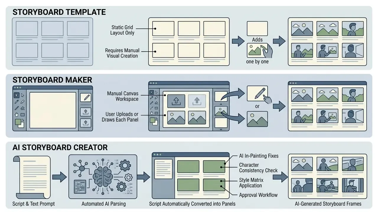 Comparison diagram showing manual storyboard workflows versus an automated AI storyboard creator process
