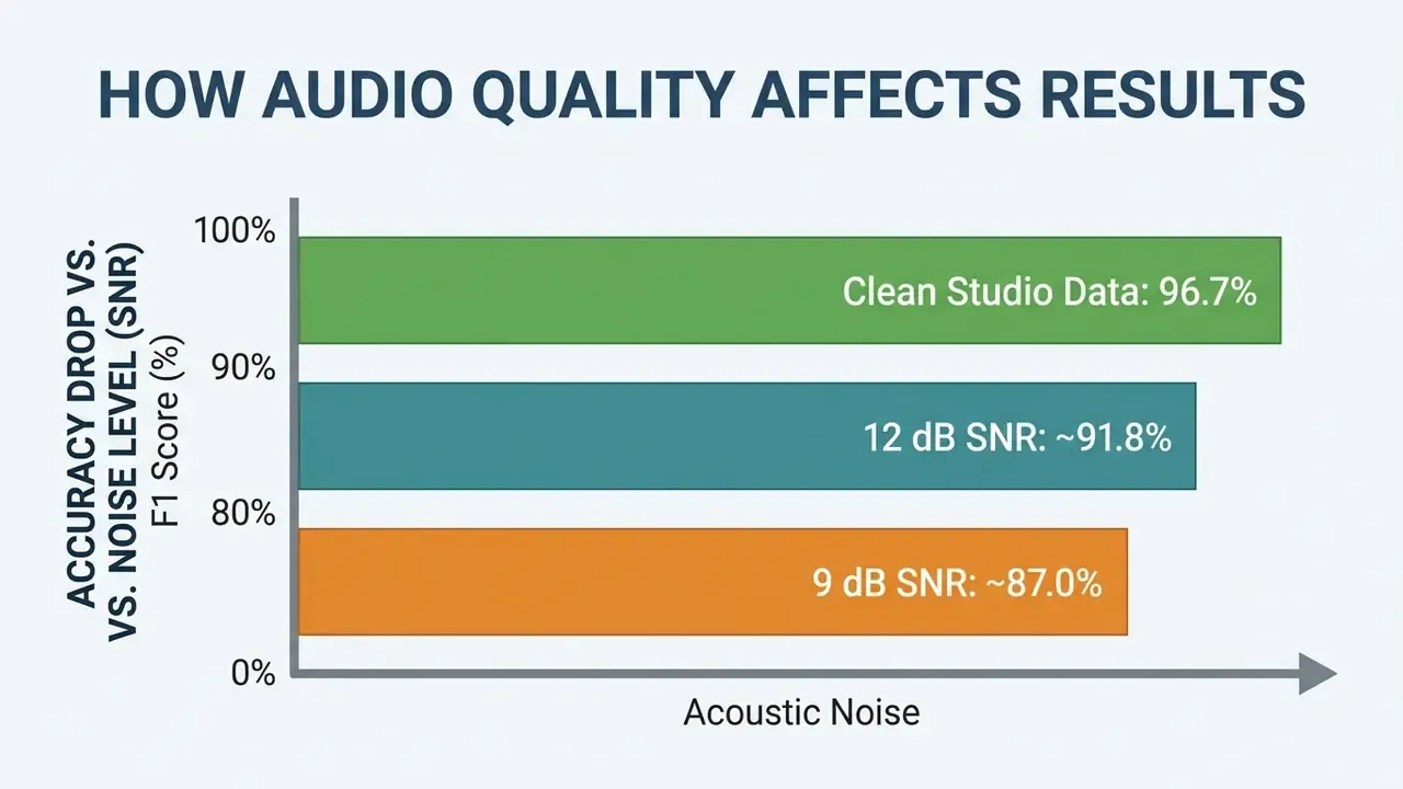 Horizontal bar chart showing how increased acoustic noise levels correlate with lower F1 score accuracy