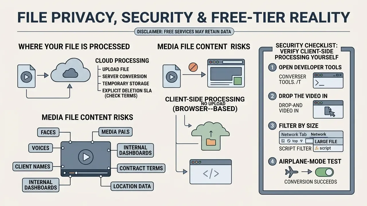 Infographic comparing cloud versus client-side processing risks and a checklist for verifying file privacy