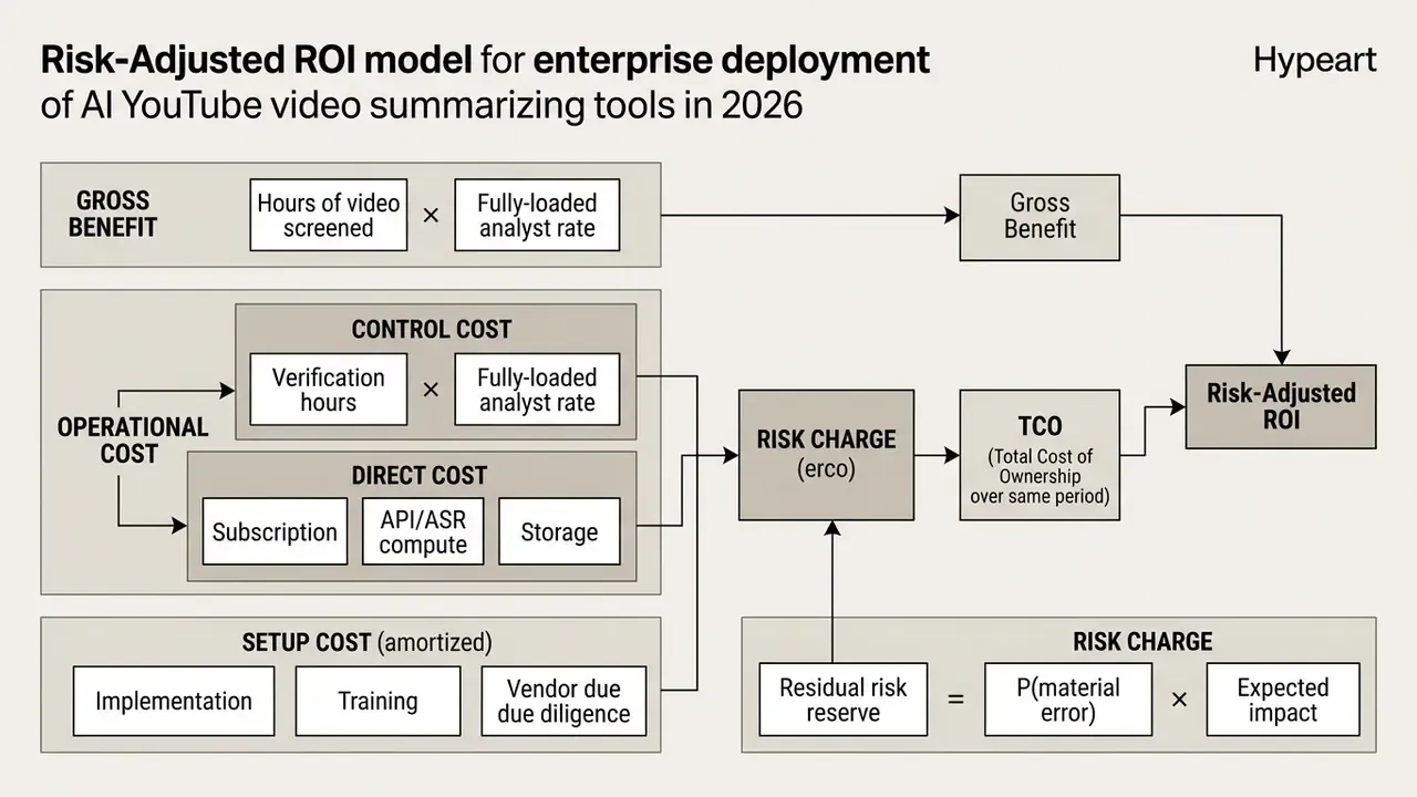 Mathematical flowchart breaking down gross benefits, operational costs, and risk charges into final ROI