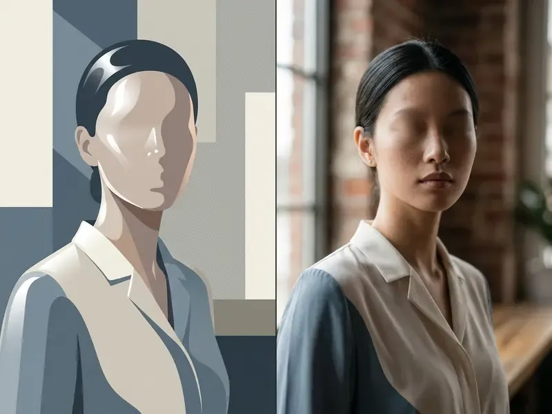 Comparison showing a stylized digital illustration transformed into a realistic portrait with skin texture