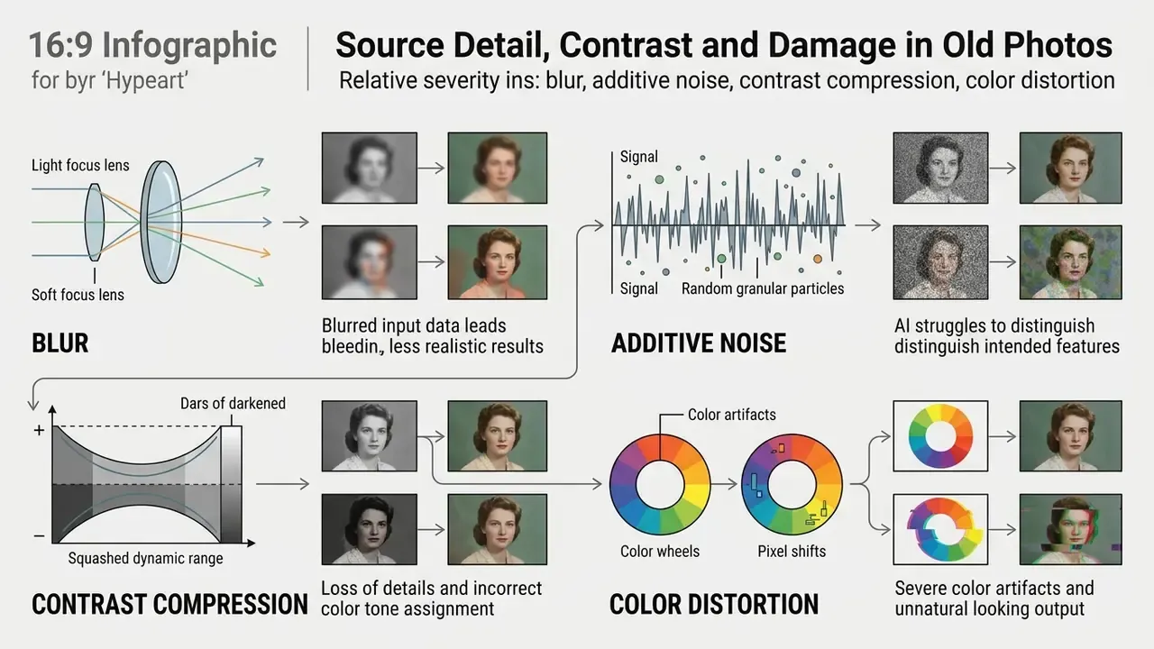 Infographic showing how blur, noise, contrast, and color defects reduce AI image colorizer accuracy
