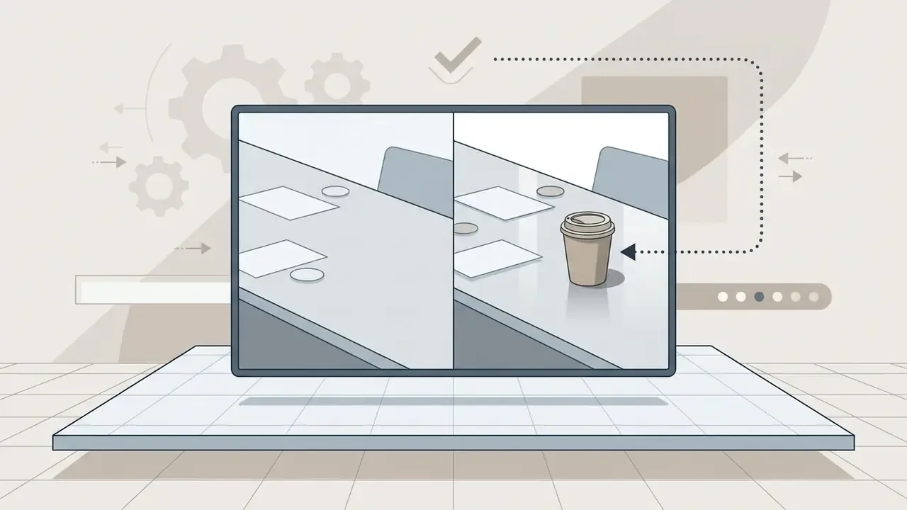 Split view of a conference table before and after a coffee cup is added via a digital prompt