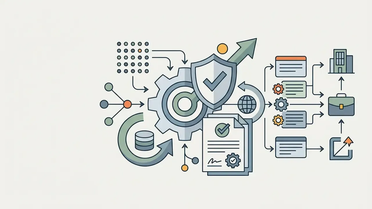 System of gears, shields, and documents representing commercial licensing and compliance for AI headshot tools