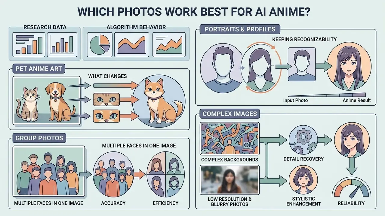 Infographic detailing how different photo subjects like pets, groups, and portraits affect output quality