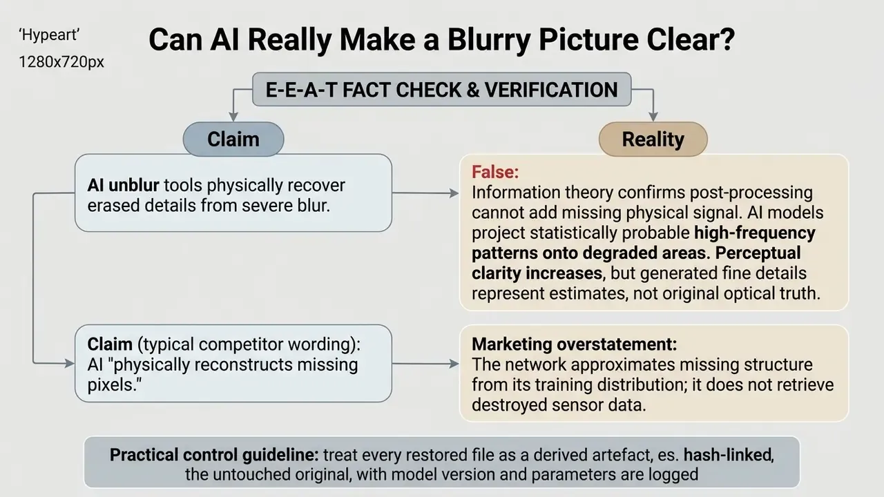 Comparison chart contrasting marketing claims about AI unblurring with the technical reality of estimation
