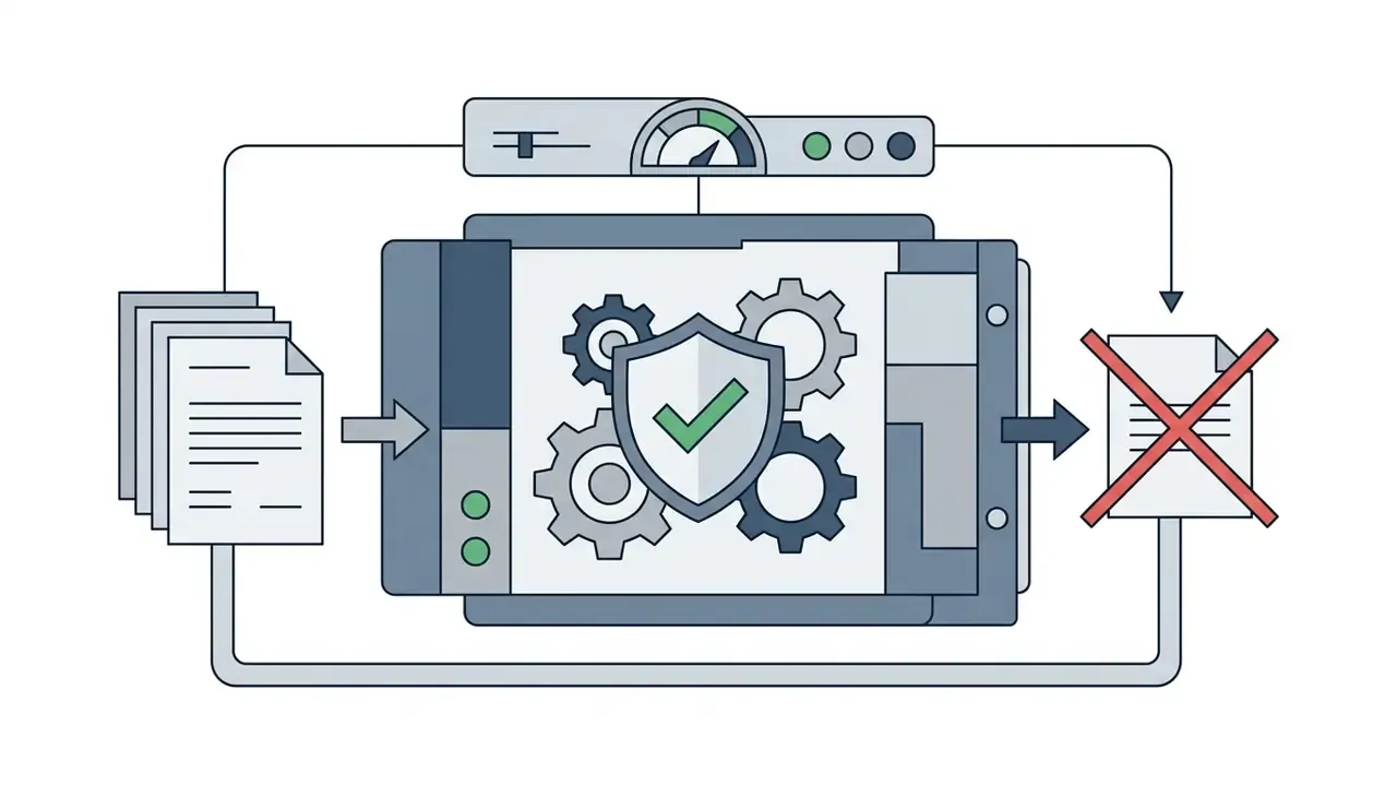 Documents entering a processing unit with gears and a shield icon, exiting as a crossed out file