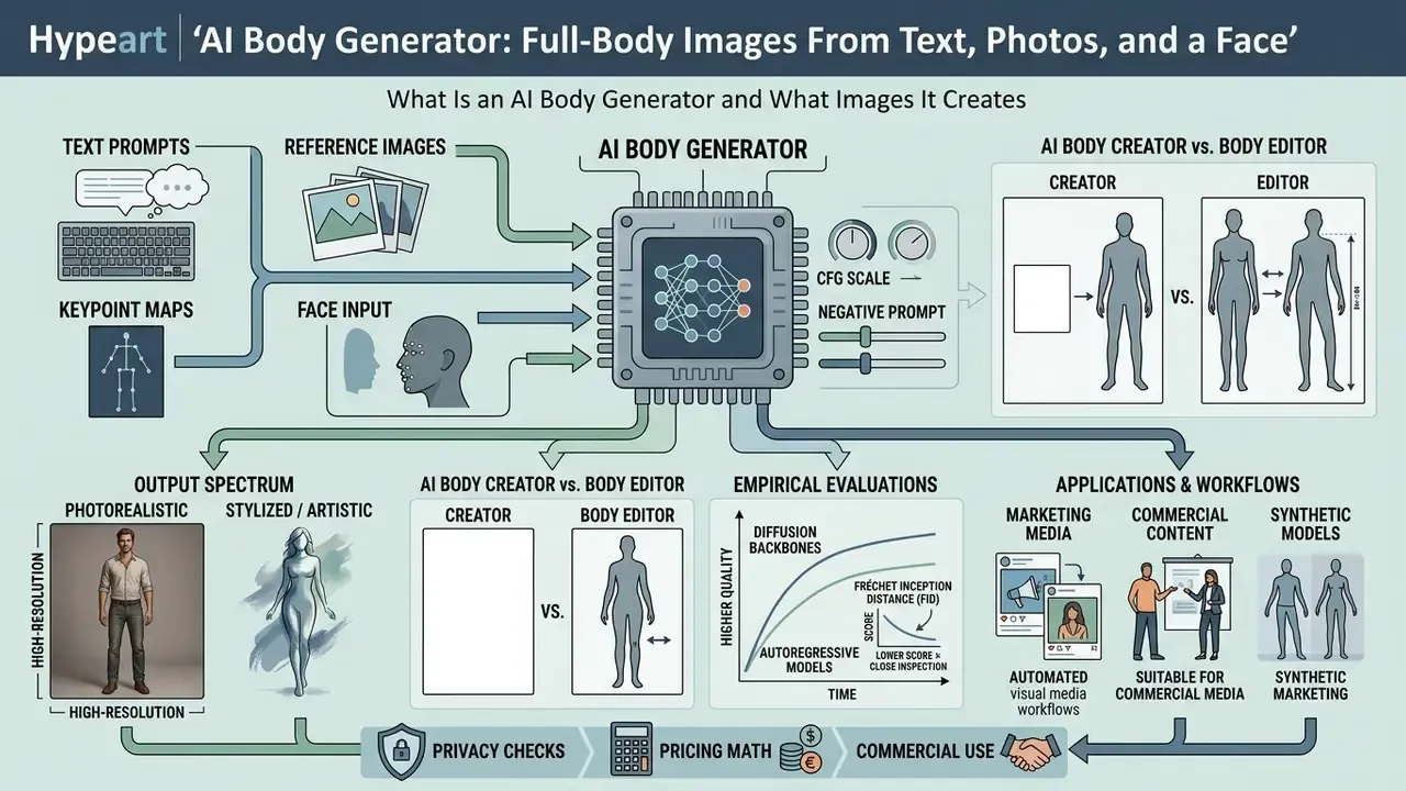 Diagram showing how an AI body generator processes various inputs to create diverse human figures and media