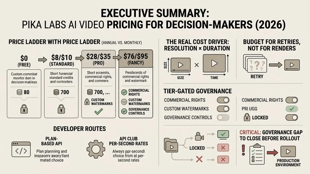 Infographic showing Pika Labs AI video generator pricing tiers, cost drivers, and governance considerations