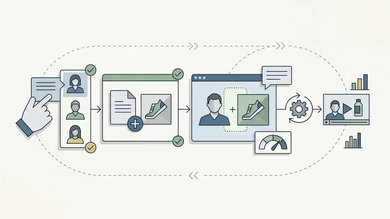 Hand selecting an avatar and merging product images into a video template with gear and performance icons